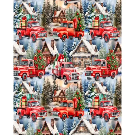 Christmas Town Red Trucks Cotton Fabric | By the Yard | Sewing and Crafting | 44 inches wide {1}