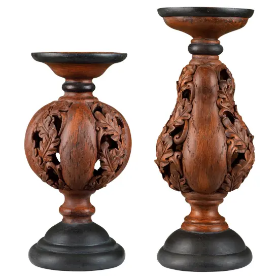 Melrose Carved Leaf Fall Harvest Pumpkin and Squash Pillar Candle Holders - 10" - Set of 2 Brown {4}