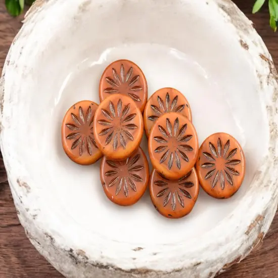 *15* 12mm Metallic Brown Washed Orange Opaline Aster Flower Coin Beads {4}