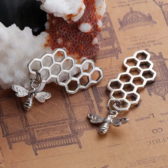 *10* 46x16mm Antique Silver Bee Honeycomb Charms {5}