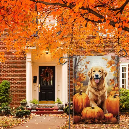 12x18inch - Welcome Fall Garden Yard Flag(Pumpkins Golden Retriever) {2}