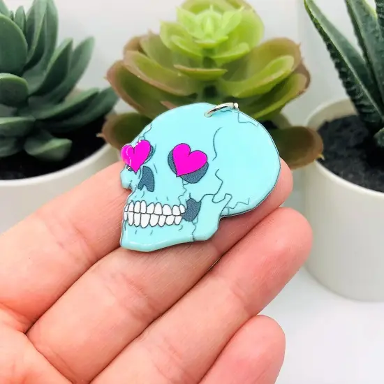 Blue Skull with Heart Eyes Charms, 35x39mm {2}