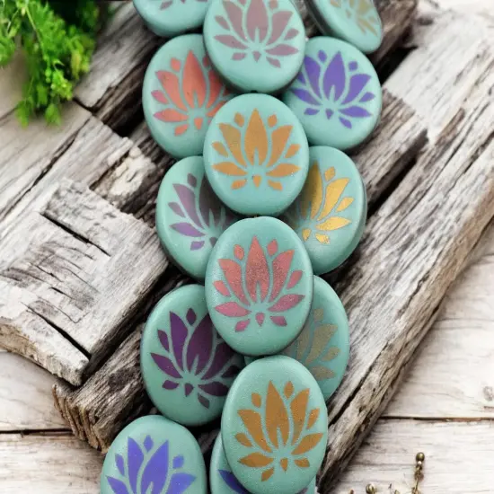 *8* 17mm Opaque Turquoise Sliperit Lotus Flower Laser Tattoo Coin Beads {1}