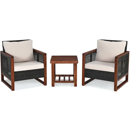 3 Pieces Patio Wicker Furniture Sofa Set with Wooden Frame and Cushion Beige {10}