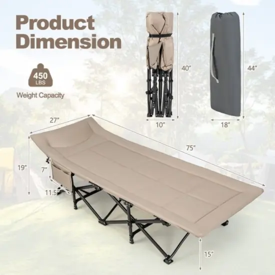 Folding Camping Cot with Carry Bag Cushion and Headrest Khakhi {3}