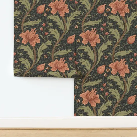 Pre-Pasted Wallpaper 2FT Wide Green Pink Floral Vines Hand Drawn Moody Traditional Botanical Arts And Crafts Custom Pre-pasted Wallpaper by Spoonflower {2}