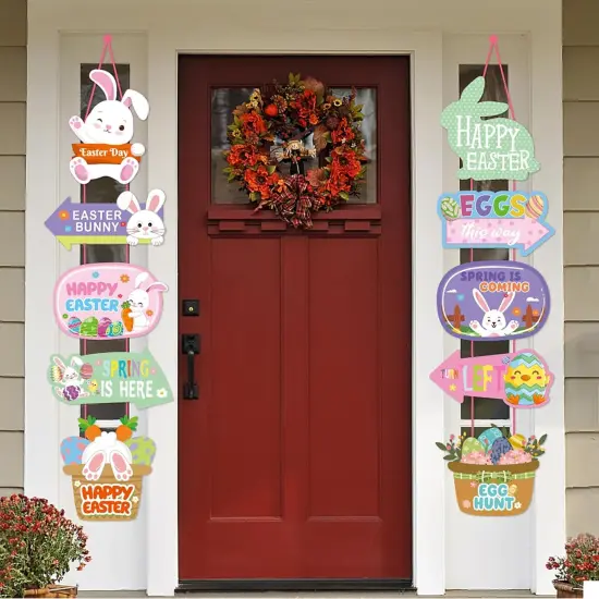 Easter Rainbow Party-Decorations Front-Porch Door Hanger-Decor - 2pcs Spring Bunny Egg Happy Easter Paper Signs Banners, Home Office Classroom Baby Shower Hanging Garland Supplies Burgleda {5}