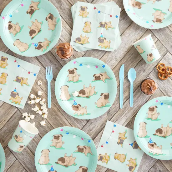 144 Piece Pug Party Supplies, Dog Birthday Decorations with Paper Plates, Napkins, Cups, and Cutlery (Serves 24) Blue {3}