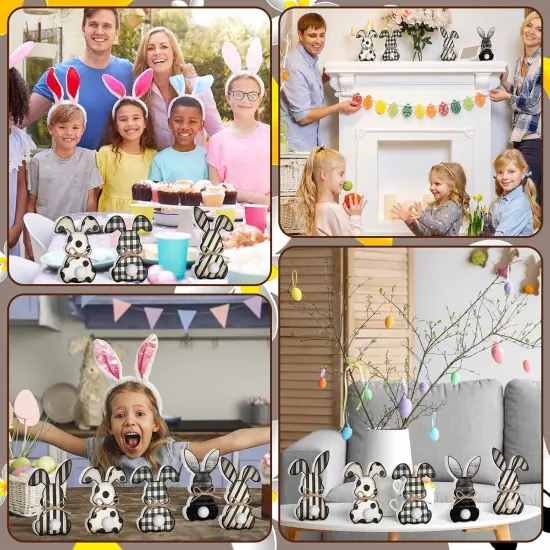 5 Pcs Easter Bunny Wooden Signs Buffalo Plaid Bunny Decor with Jute Rope Easter Decorations for The Home Tabletop Decorations for DIY Home Office Farmhouse {5}