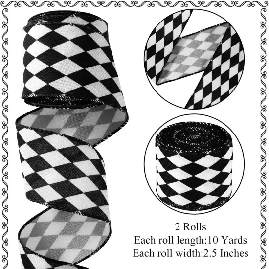 2 Rolls Christmas Checkered Ribbon Black and White Check Ribbon Diamond Check Wired Edge Ribbon Diamond Pattern Decorative Ribbons for Christmas Fall Tree Wrapping DIY Crafts (2.6 Inch) {1}