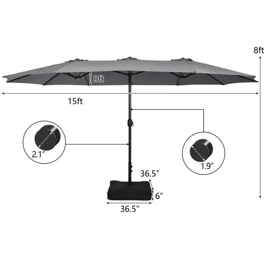Costway 15FT Double-Sided Twin Patio Umbrella Outdoor Market W/ Crank & Base Grey\Coffee\Turquoise\Beige\Orange\Wine {3}
