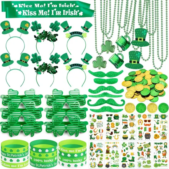 180Pcs St. Patrick's Day Accessories Party Favor Set, Tattoo Stickers, Necklaces, Bracelets, Shamrock Glasses, Headbands, Mustaches, Coins and Kiss Me I'm Irish Sash for Irish Party Supplies {1}