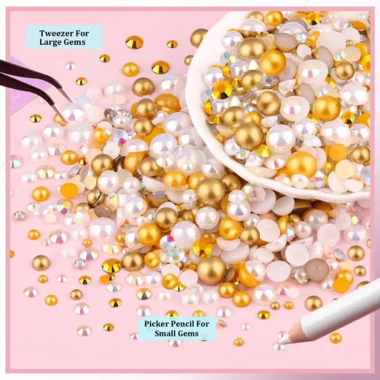 80g Flatback Pearls and Rhinestones for Crafting, White Brown Mixed Size 3-10mm Resin Rhinestones and Half Pearls for Bedazzling, Nail Art and Decoration with Tweezer and Pickup Pencil {3}