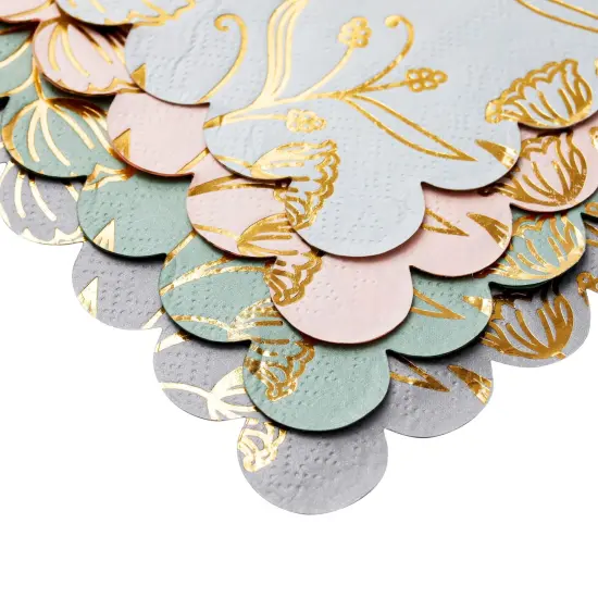 100 Pack Gold Foil Cocktail Napkins with Scalloped Edge - 4 Designs, 5x5 inch Mixed Green Party Napkin for Girl Baby Shower, Wedding, Birthday Party, Celebrations Multicolor {4}