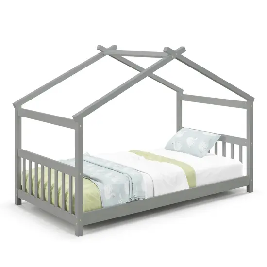 Wooden Twin Size House Bed with Roof Frame for Kids Bedroom Grey {2}