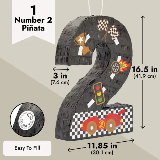 Number 2 Race Car Pinata for Two Fast Birthday Decorations, Party Supplies (Small, 11.85"L x 3"W x 16.5"H), For Ages 3+ Black {3}