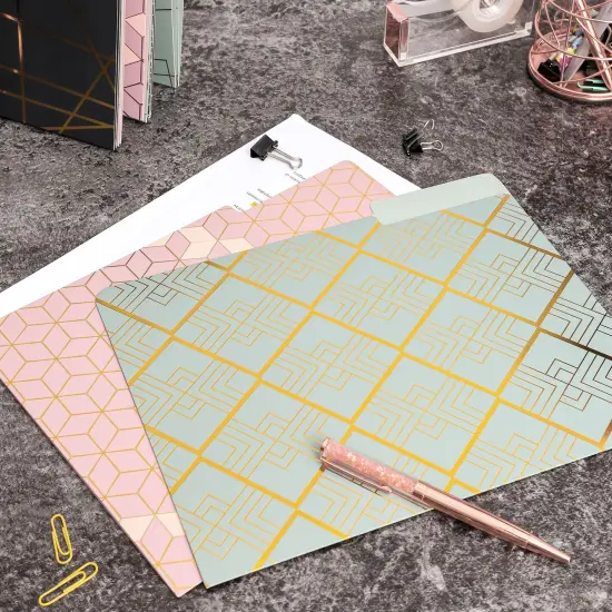 12 Pack Decorative File Folders with Gold Foil Geometrical Accents, 1/3 Cut Tab, for Office, Letter Size (11.5 x 9.5 In) Pink {3}