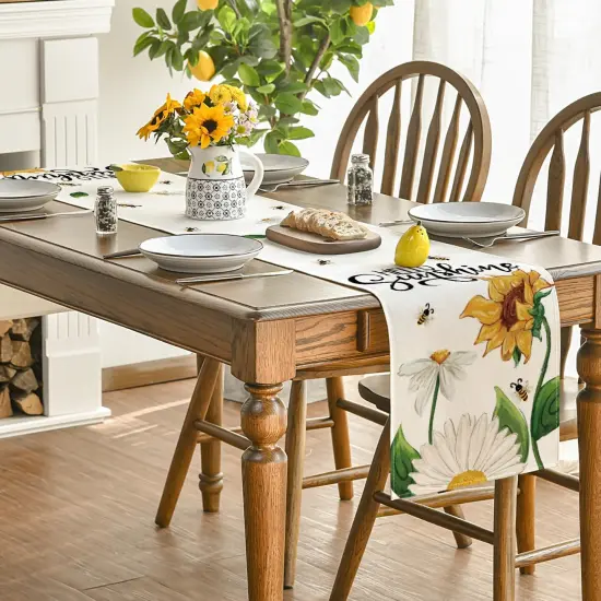 Beige Sunflowers Daisy Bees Summer Table Runner, Seasonal Spring Kitchen Dining Table Decoration for Home Party Decor 13x72 Inch {4}