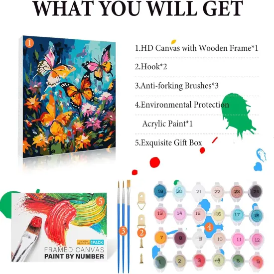 Framed Paint by Numbers Kit for Adults Beginner & Kids Ages 8-12, Butterfly Paint by Number with Frame, DIY Easy Acrylic Colorful Butterfly Paint by Numbers Kit on Canvas 10x10 inch {4}