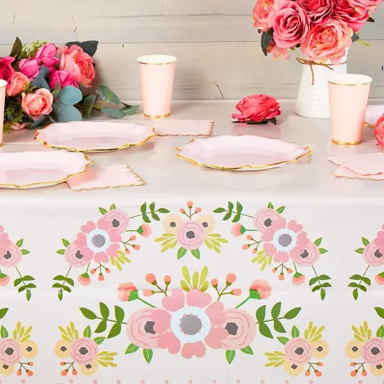 Pink Floral Plastic Tablecloth for Wedding (54 x 108 in, 3 Pack) {3}