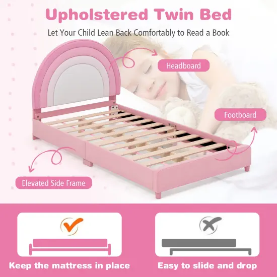 Velvet Kids Twin Bed with Adjustable Headboard Sturdy Wooden Frame and Soft Upholstery White & Pink {6}