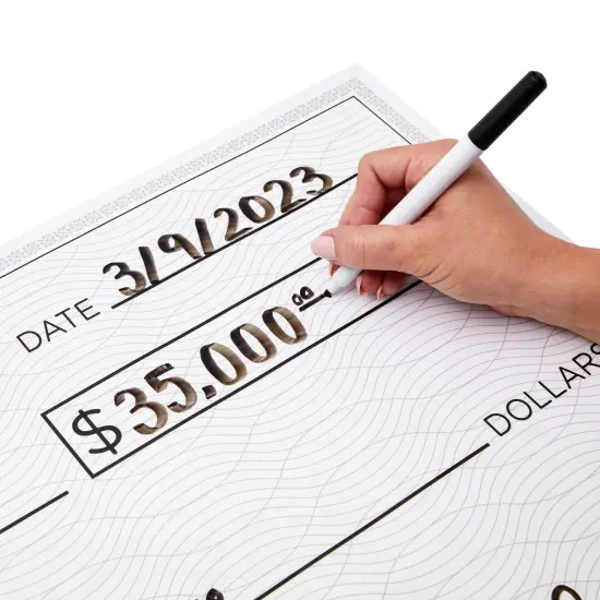 Reusable Big Check for Presentation, 30 x 16 in Large Oversized Dry Erase Plaque for Endowment, Donations White {7}