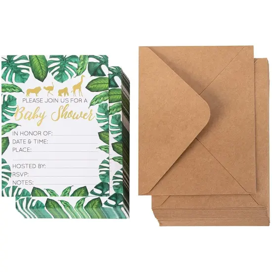 Baby Shower Invites - 36 Fill-in Baby Shower Invitations w/ Envelopes, Tropical Safari Animal Theme, Green Palm Leaves with Gold Foil Designs, Party Supplies for Baby Showers or Parties, 5 x 7 Inches {6}