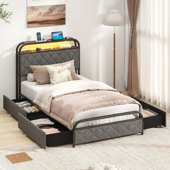 Twin/Full/Queen Size Bed Frame with LED Lights and Charging Station-Twin Size {1}
