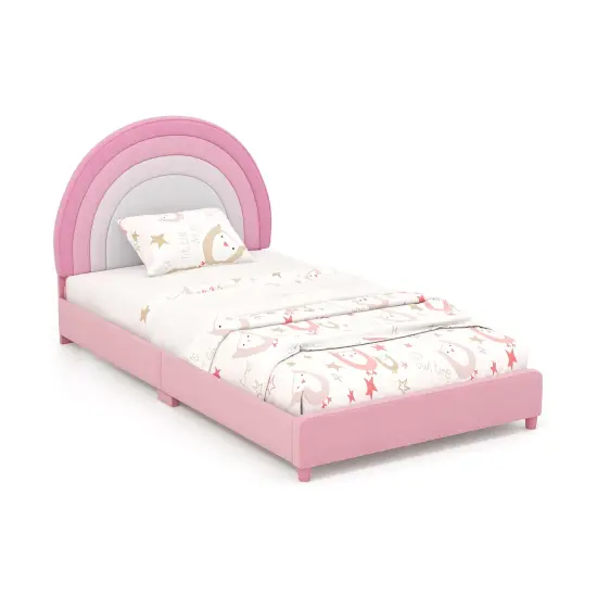 Velvet Kids Twin Bed with Adjustable Headboard Sturdy Wooden Frame and Soft Upholstery White & Pink {4}