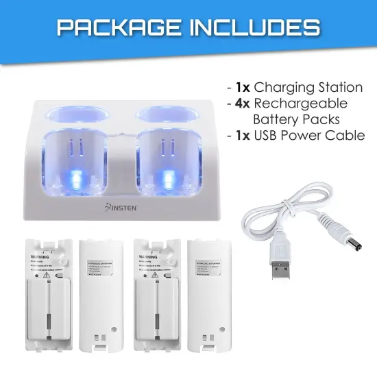 4 Ports Charging Station for Wii Remote Controller, Charger Dock Stand with 4 Bonus 2800mAh Rechargeable Replacement Batteries Pack (Updated Version) White by Insten {7}