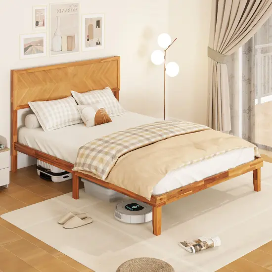 Rustic Golden Brown Acacia Wood MDF Platform Bed Frame with Headboard and Under-Bed Storage {5}