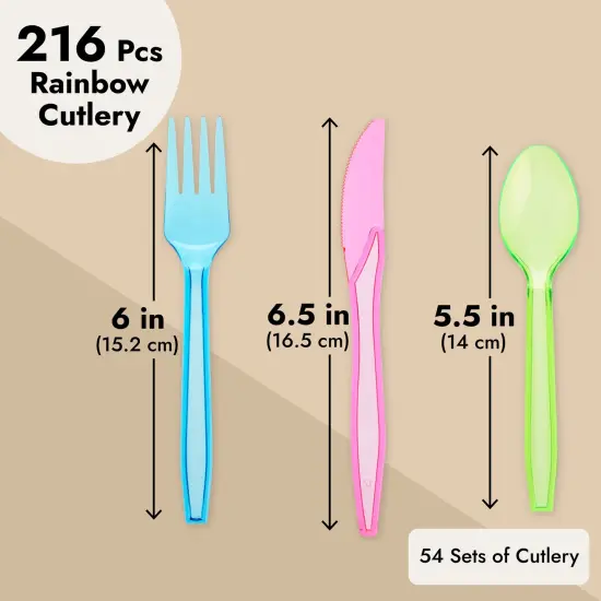 216 Piece Rainbow Plastic Silverware Set for Parties with Neon Forks, Spoons, Knives (Serves 54) Multicolor {4}