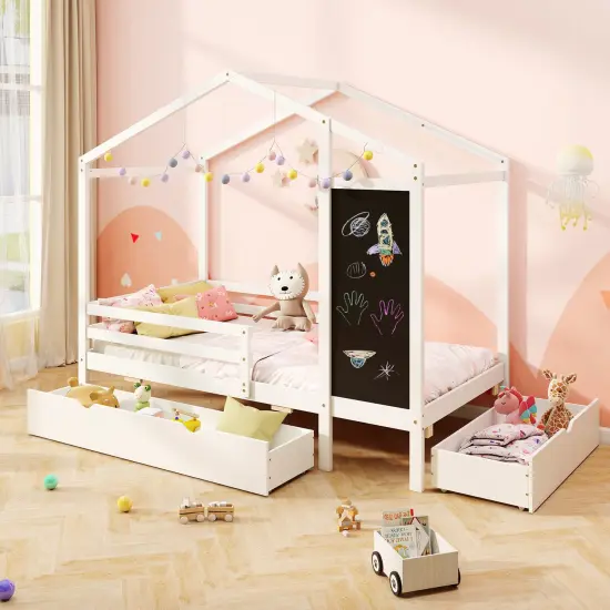 Wooden Twin House Bed with Storage Drawers Blackboard and Guardrails for Kids White {2}