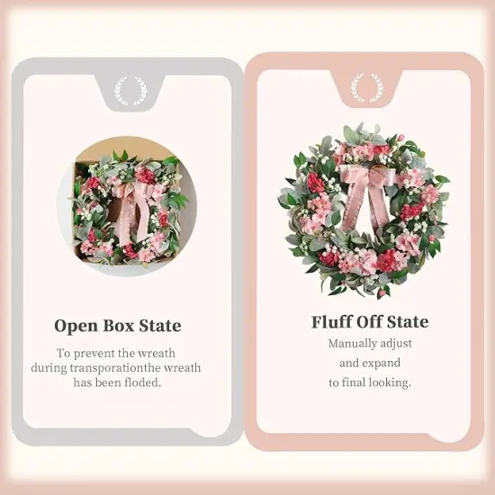 22&rdquo; Artificial Flower Wreath,Hydrangea Lamb's Leaves Wreath Spring/Summer Floral Wreaths with Ribbon Bow for Front Door Wall Window and Holiday Festival Party Banquet Wedding Decor {4}