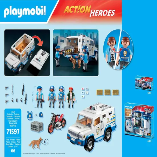 Playmobil 71597 Action Heroes Armoured Van with Fund Conveyors - Includes Three Police, Motorcycle Thief and Police Dog - Ages 4+ {6}