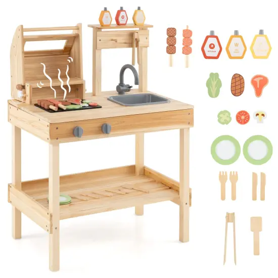 Natural Wood Barbecue Grill Playset with Play Food and Open Storage Shelves {4}