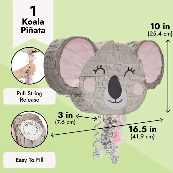 Koala Pinata - Pull String Animal Pinata, Koala, Animal, Jungle Theme Birthday Party Decorations (Small, 16.5x10x3 In) Grey {3}