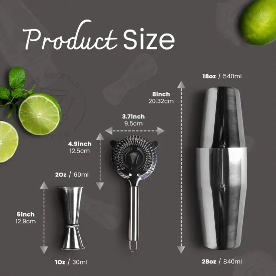 The Cocktail Box Co Premium Mixology Boston Cocktail Shaker Set, Drink Shakers Cocktail Set, Includes Hawthorne Strainer, Jigger and Wood Stand, Elevate your mixology with Boston Shaker Set Silver {3}