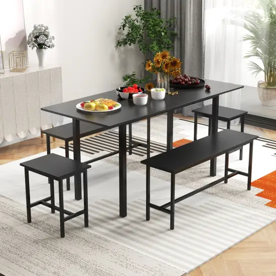 5 Piece Dining Table Set for 4-6, Includes 2 Benches & 2 Stools, Ideal for Kitchen & Dining Room Black {2}