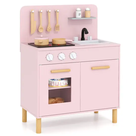 Plastic Kids Kitchen Playset with Cooking Accessories and Storage Compartments Pink {4}