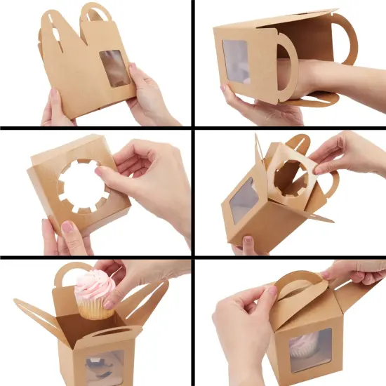 50-Pack Single Cupcake Boxes with Inserts for Bakery - Individual Kraft Paper Packaging Containers for Dessert and Candy Apple (3.7 in) Brown {5}