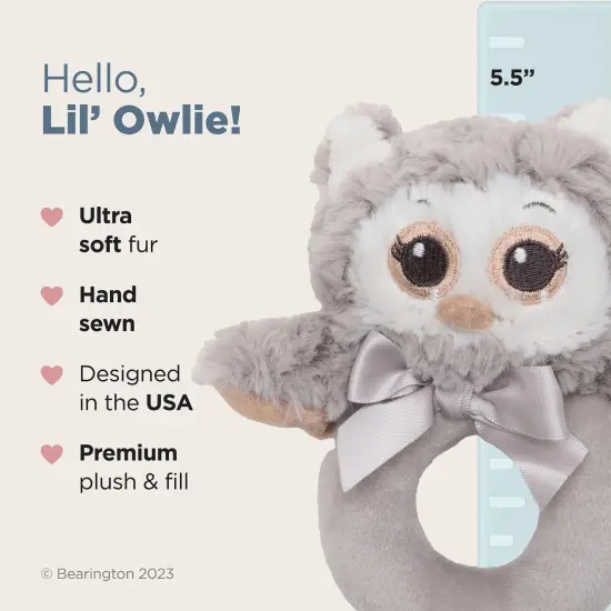 Bearington Baby Lil' Owlie Plush Stuffed Animal Gray Owl Soft Ring Rattle, 5.5" Grey {2}