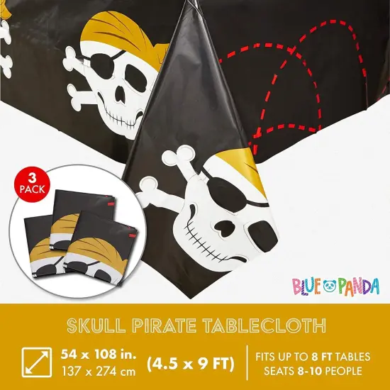 Skull Plastic Tablecloths for Pirate Birthday Party (54 x 108 In, 3 Pack) Black {2}