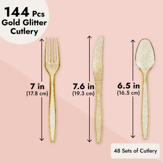 144 Pack Gold Glitter Plastic Silverware for Wedding Party Supplies, Cutlery Includes Forks, Spoons, and Knives (Serves 48) {4}