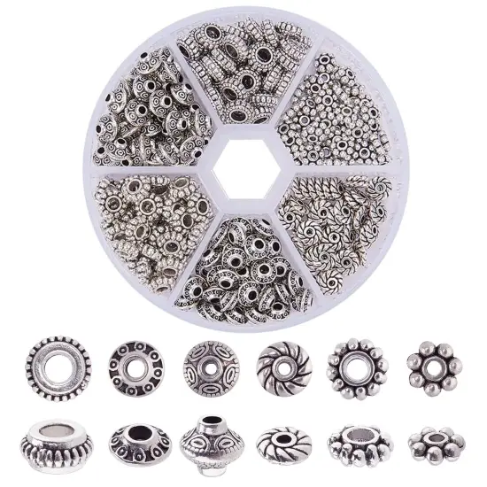 PH PandaHall 300pcs 6 Style Antique Silver Spacer Beads, Tibetan Metal Alloy Tube Spacers Flower Flat Rondelle Small Loose Beads for Bracelet Necklace Earring Jewelry Making Supplies {1}