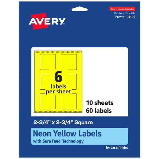 Avery Neon Yellow Paper Labels, 2.75" x 2.75" Square {1}
