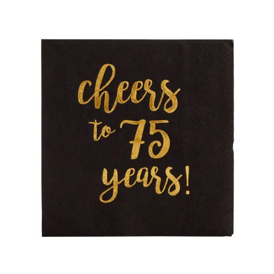 50 Pack Cheers to 75 Years Black and Gold Paper Cocktail Napkins for 75th Birthday Party Supplies, Table Decorations (5 x 5 in) {7}