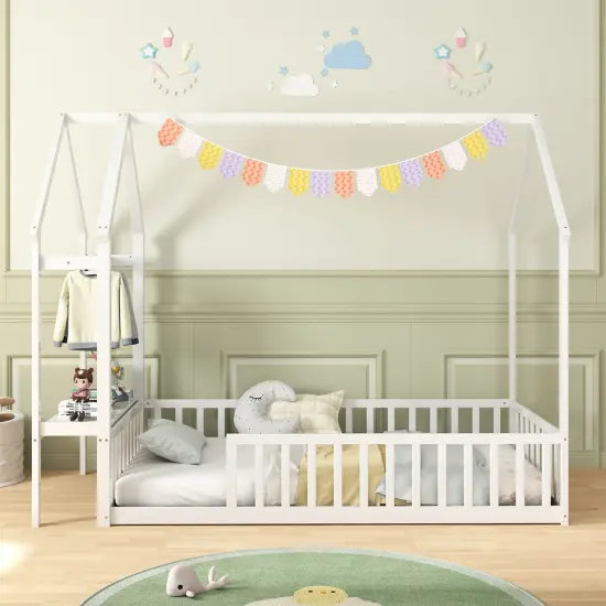 Twin House Floor Bed Montessori Bed Frame with Storage Shelf-White {3}