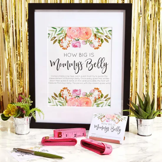 Baby Shower How Big is Mommys Belly Game with 24 Cards, 3 Pink Measuring Tapes, 1 Sign (28 Piece Set) White {2}