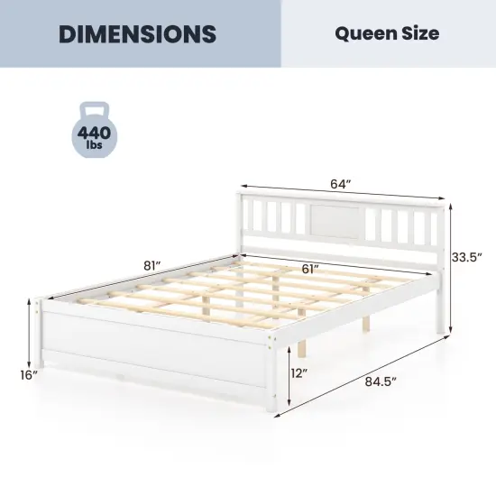 Wooden Platform Bed with Headboard and Wood Slat Support White {4}